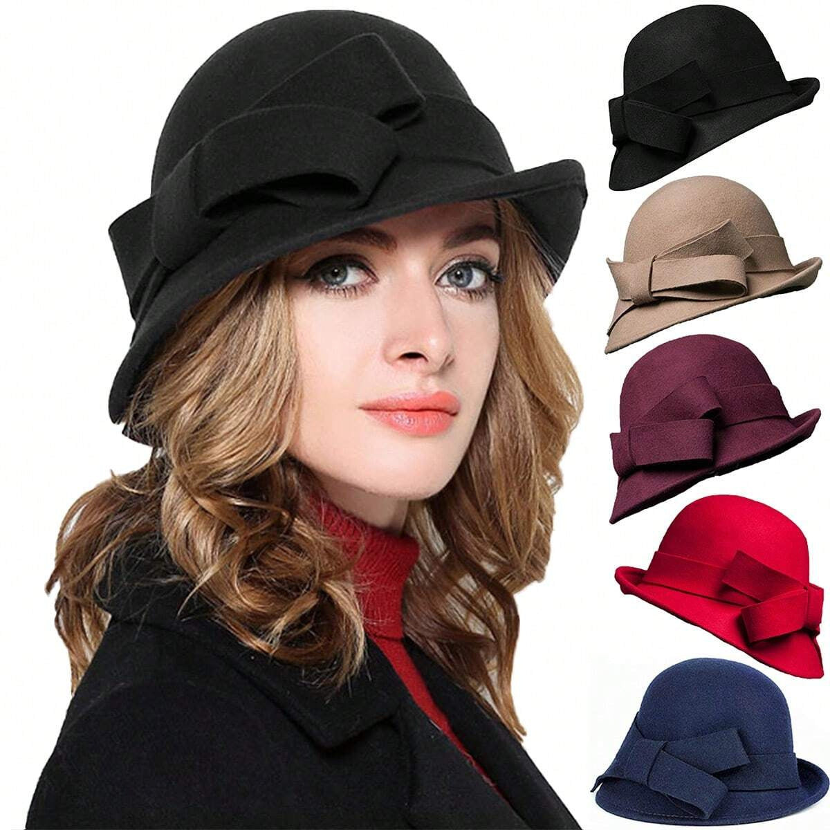 Women's French-style  Elegant Retro Woolen Bowler Hat Curling Bow