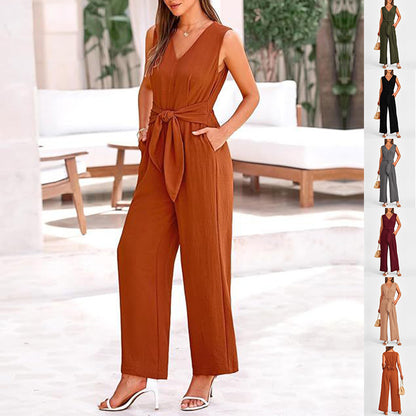 New V-neck Sleeveless Long Jumpsuit With Pockets And Lace-up Design Wide-leg Straight Trousers Summer Womens Clothing