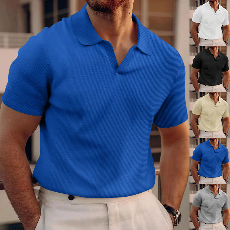 Polo Shirt Lapel V-neck Waffle Short Sleeve Men's T-shirt