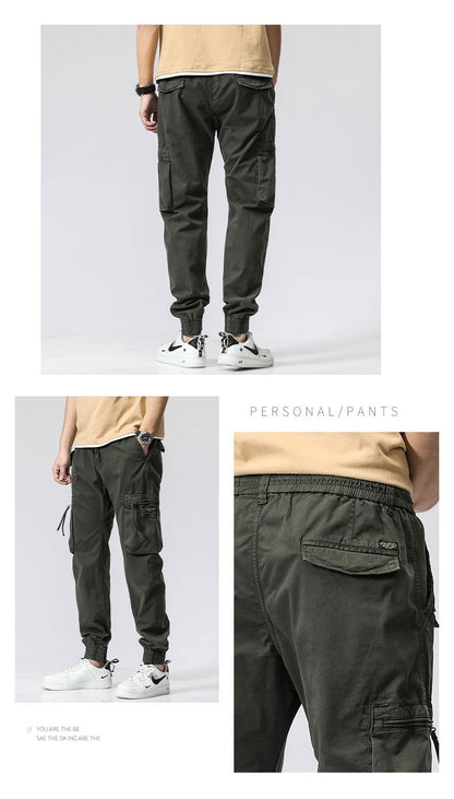 Casual Pants Trendy Brand Elastic Waist Men's Youth Simple Pure Cotton Multi-pocket Work Pants Trousers Ankle-tied