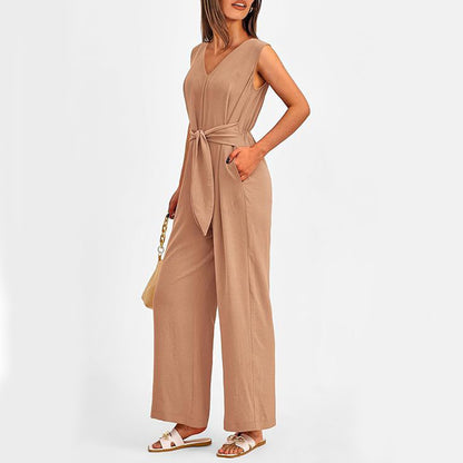 New V-neck Sleeveless Long Jumpsuit With Pockets And Lace-up Design Wide-leg Straight Trousers Summer Womens Clothing