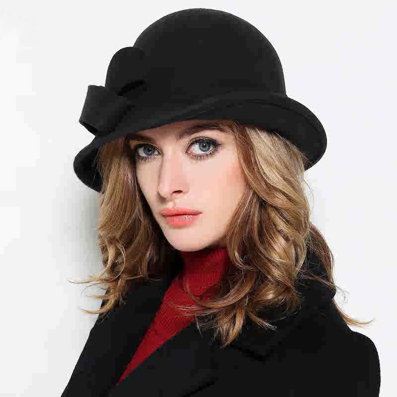 Women's French-style  Elegant Retro Woolen Bowler Hat Curling Bow