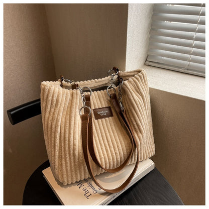 Retro Large Capacity Shoulder Bag Casual Simple Portable Shopper Women's Handbag Corduroy Solid Commuter Zipper Women's Handbag