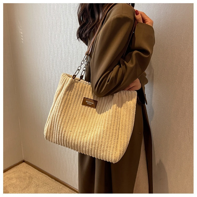 Retro Large Capacity Shoulder Bag Casual Simple Portable Shopper Women's Handbag Corduroy Solid Commuter Zipper Women's Handbag