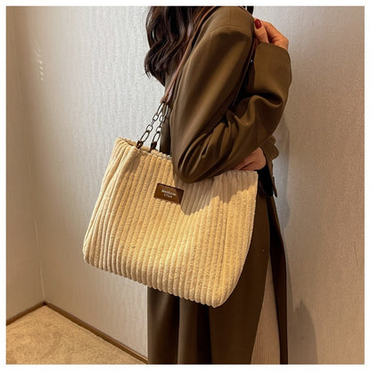 Retro Large Capacity Shoulder Bag Casual Simple Portable Shopper Women's Handbag Corduroy Solid Commuter Zipper Women's Handbag