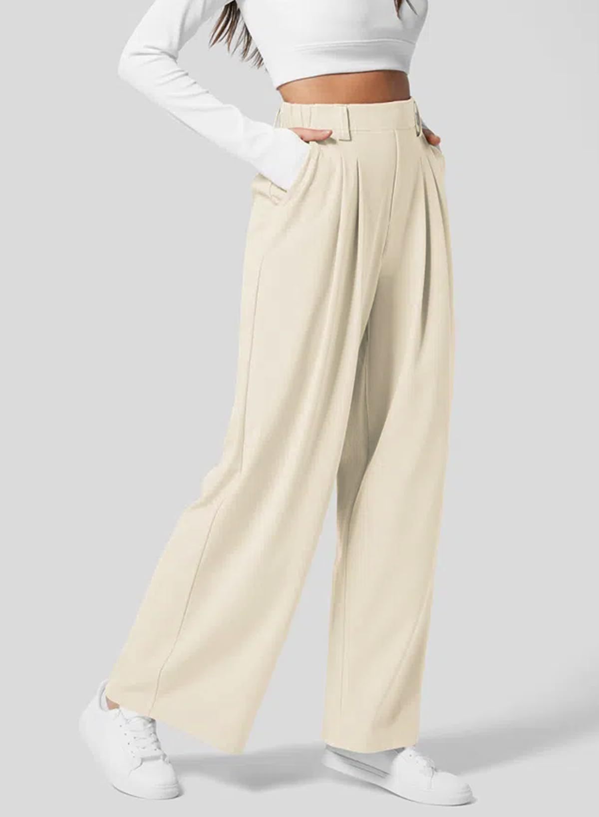 Women's Wide Leg Pants Elastic High Waist Waffle Knit Casual