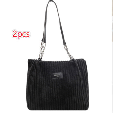 Retro Large Capacity Shoulder Bag Casual Simple Portable Shopper Women's Handbag Corduroy Solid Commuter Zipper Women's Handbag