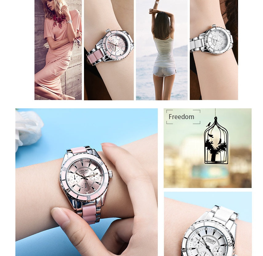 Hot sale watch female models three eyes ceramic steel belt watch waterproof luminous quartz ladies watch