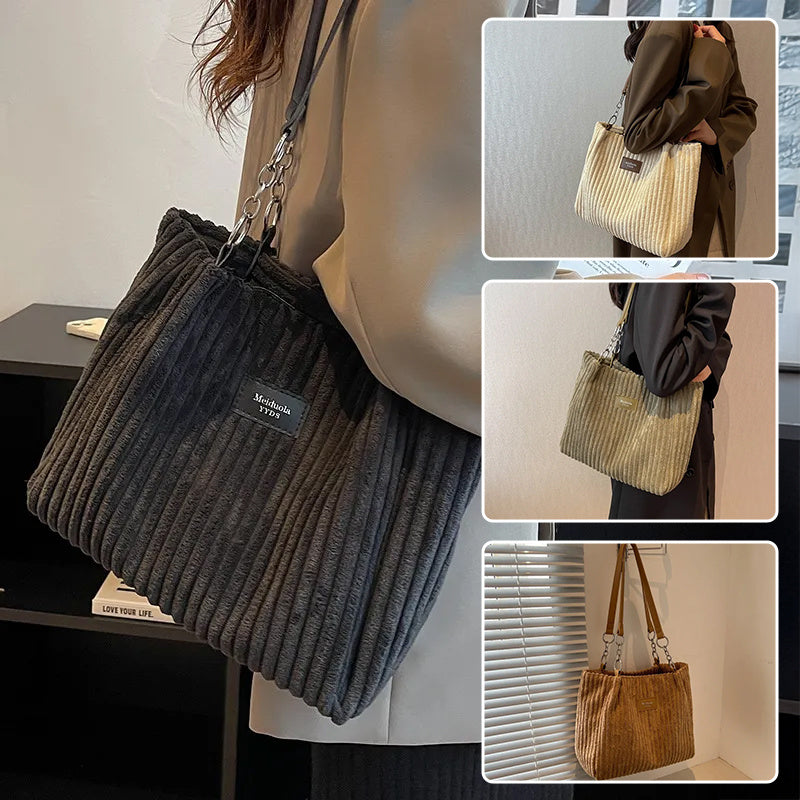 Retro Large Capacity Shoulder Bag Casual Simple Portable Shopper Women's Handbag Corduroy Solid Commuter Zipper Women's Handbag