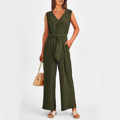 New V-neck Sleeveless Long Jumpsuit With Pockets And Lace-up Design Wide-leg Straight Trousers Summer Womens Clothing