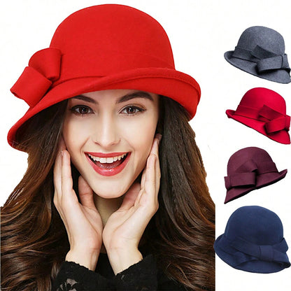 Women's French-style  Elegant Retro Woolen Bowler Hat Curling Bow