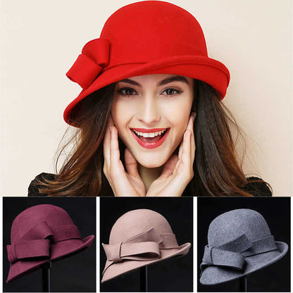 Women's French-style  Elegant Retro Woolen Bowler Hat Curling Bow