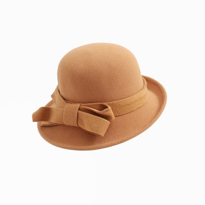 Women's French-style  Elegant Retro Woolen Bowler Hat Curling Bow