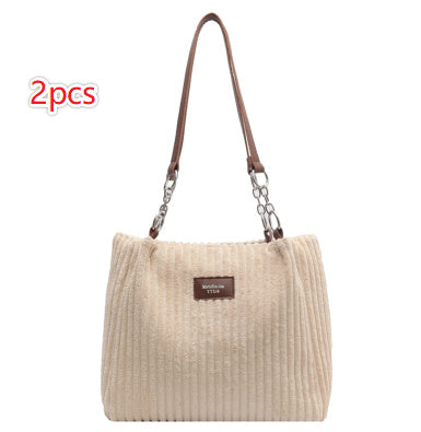 Retro Large Capacity Shoulder Bag Casual Simple Portable Shopper Women's Handbag Corduroy Solid Commuter Zipper Women's Handbag