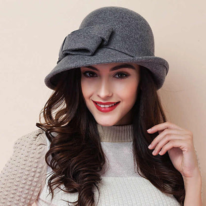 Women's French-style  Elegant Retro Woolen Bowler Hat Curling Bow