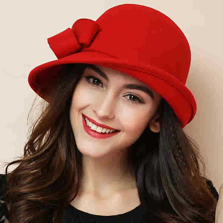 Women's French-style  Elegant Retro Woolen Bowler Hat Curling Bow