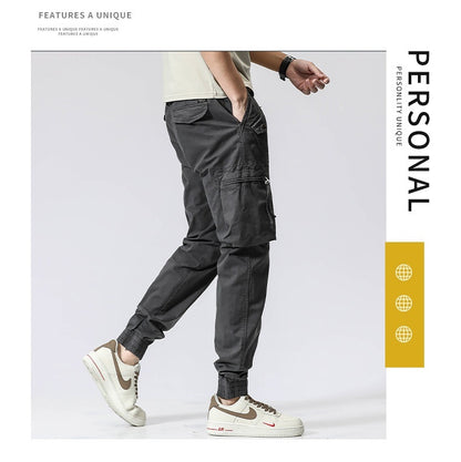 Casual Pants Trendy Brand Elastic Waist Men's Youth Simple Pure Cotton Multi-pocket Work Pants Trousers Ankle-tied