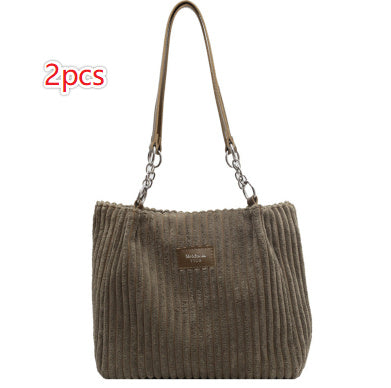 Retro Large Capacity Shoulder Bag Casual Simple Portable Shopper Women's Handbag Corduroy Solid Commuter Zipper Women's Handbag