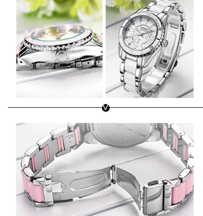 Hot sale watch female models three eyes ceramic steel belt watch waterproof luminous quartz ladies watch