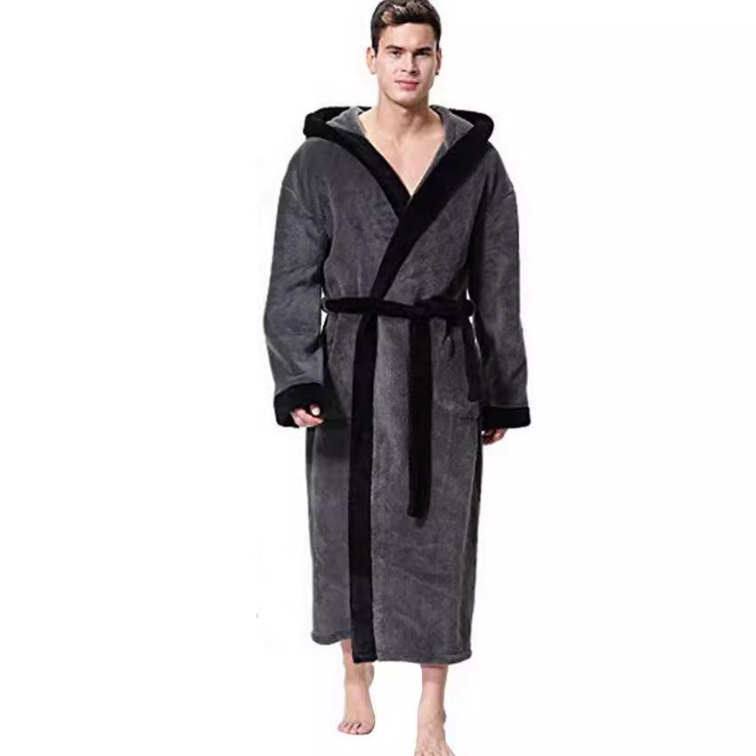 Men's Simple Colorblock Hood Patch Pocket Bathrobe