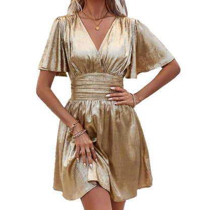 Summer New Metal Texture Deep V-neck Ruffle Solid Color Smocking Dress