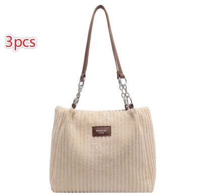 Retro Large Capacity Shoulder Bag Casual Simple Portable Shopper Women's Handbag Corduroy Solid Commuter Zipper Women's Handbag