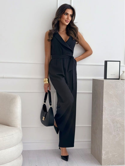 Women's Sleeveless V-neck Waist Trimming Lace Up Jumpsuit