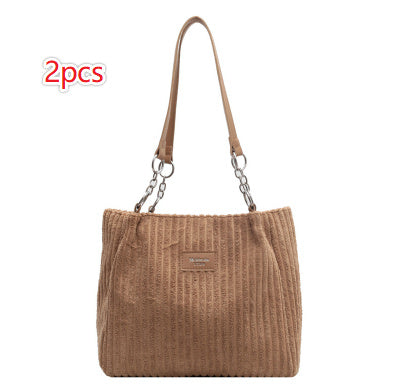 Retro Large Capacity Shoulder Bag Casual Simple Portable Shopper Women's Handbag Corduroy Solid Commuter Zipper Women's Handbag