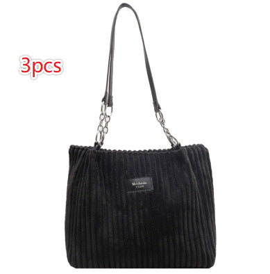 Retro Large Capacity Shoulder Bag Casual Simple Portable Shopper Women's Handbag Corduroy Solid Commuter Zipper Women's Handbag