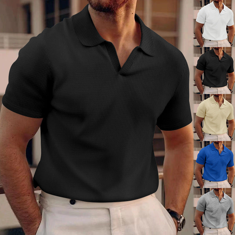 Polo Shirt Lapel V-neck Waffle Short Sleeve Men's T-shirt