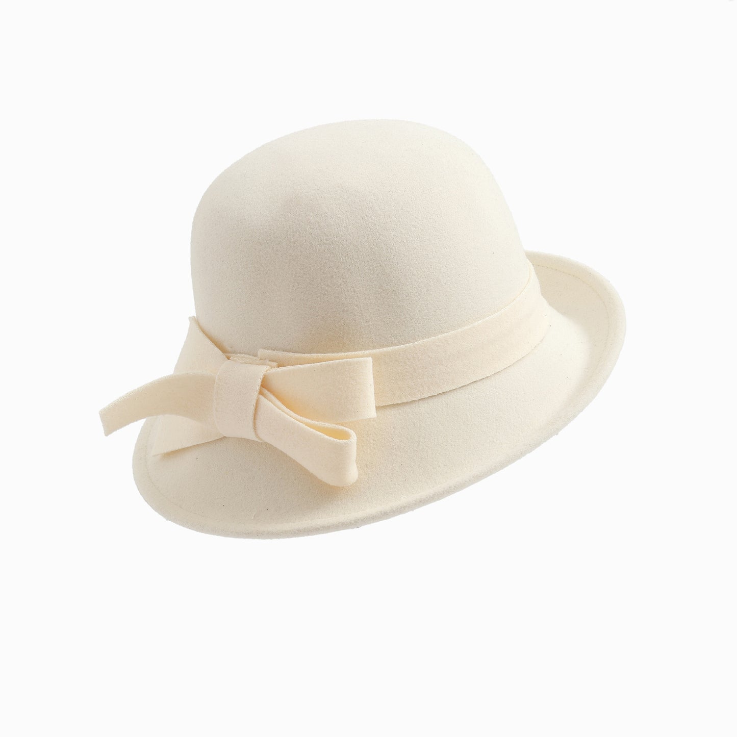 Women's French-style  Elegant Retro Woolen Bowler Hat Curling Bow