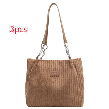 Retro Large Capacity Shoulder Bag Casual Simple Portable Shopper Women's Handbag Corduroy Solid Commuter Zipper Women's Handbag