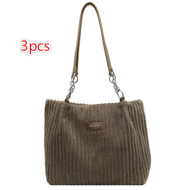 Retro Large Capacity Shoulder Bag Casual Simple Portable Shopper Women's Handbag Corduroy Solid Commuter Zipper Women's Handbag